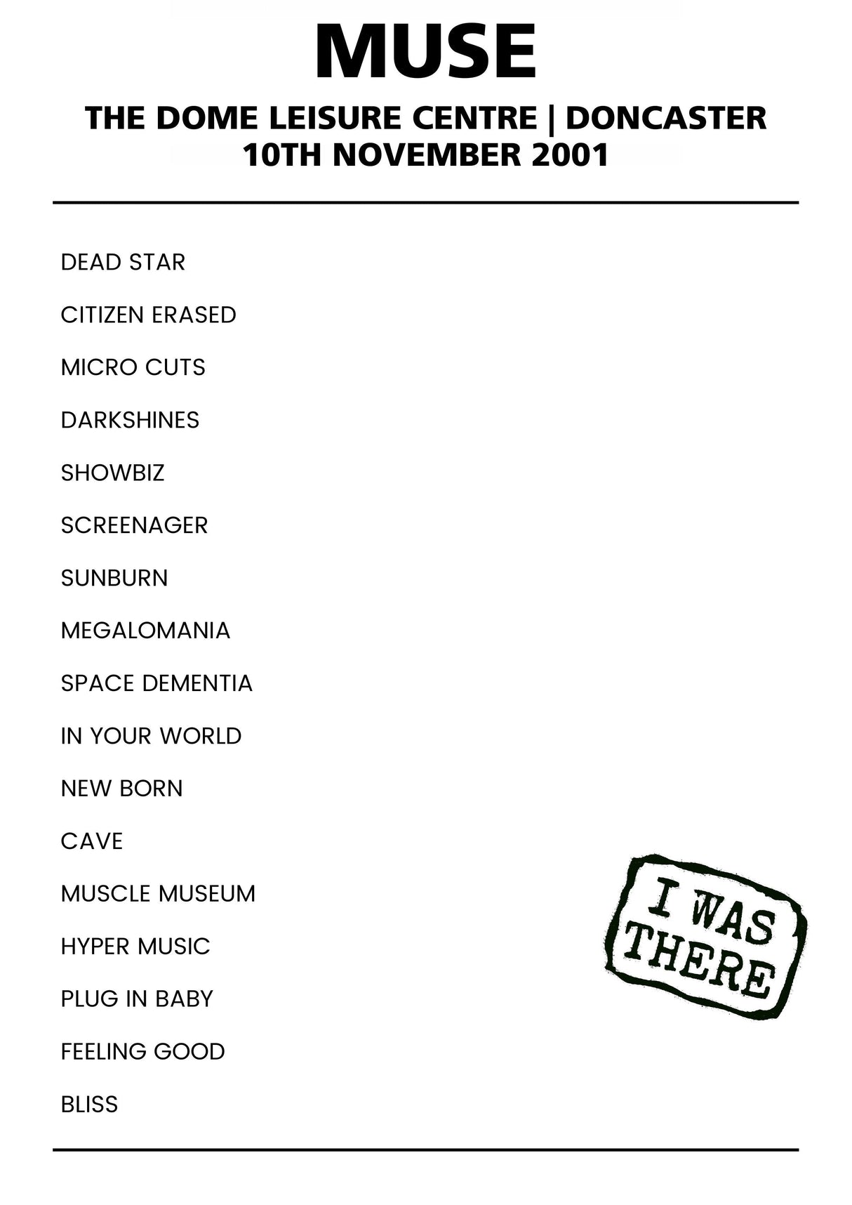 Muse 10th November 2001 The Dome Leisure Centre Doncaster - Alternate - Setlist