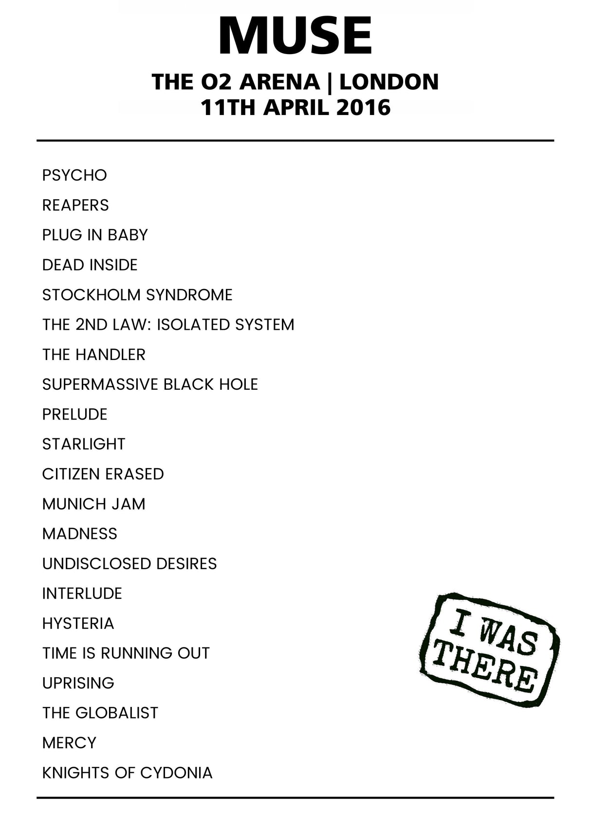 Muse 11th April 2016 The O2 Arena London - Alternate - Setlist