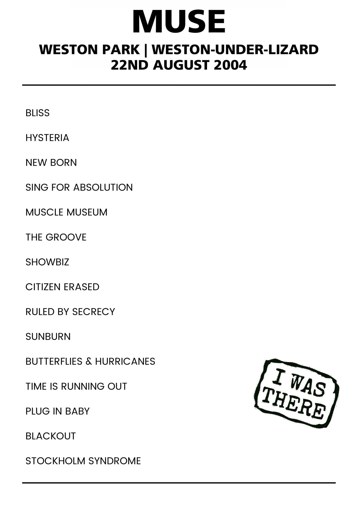 Muse 22nd August 2004 Weston Park Weston - under - Lizard - Alternate - Setlist