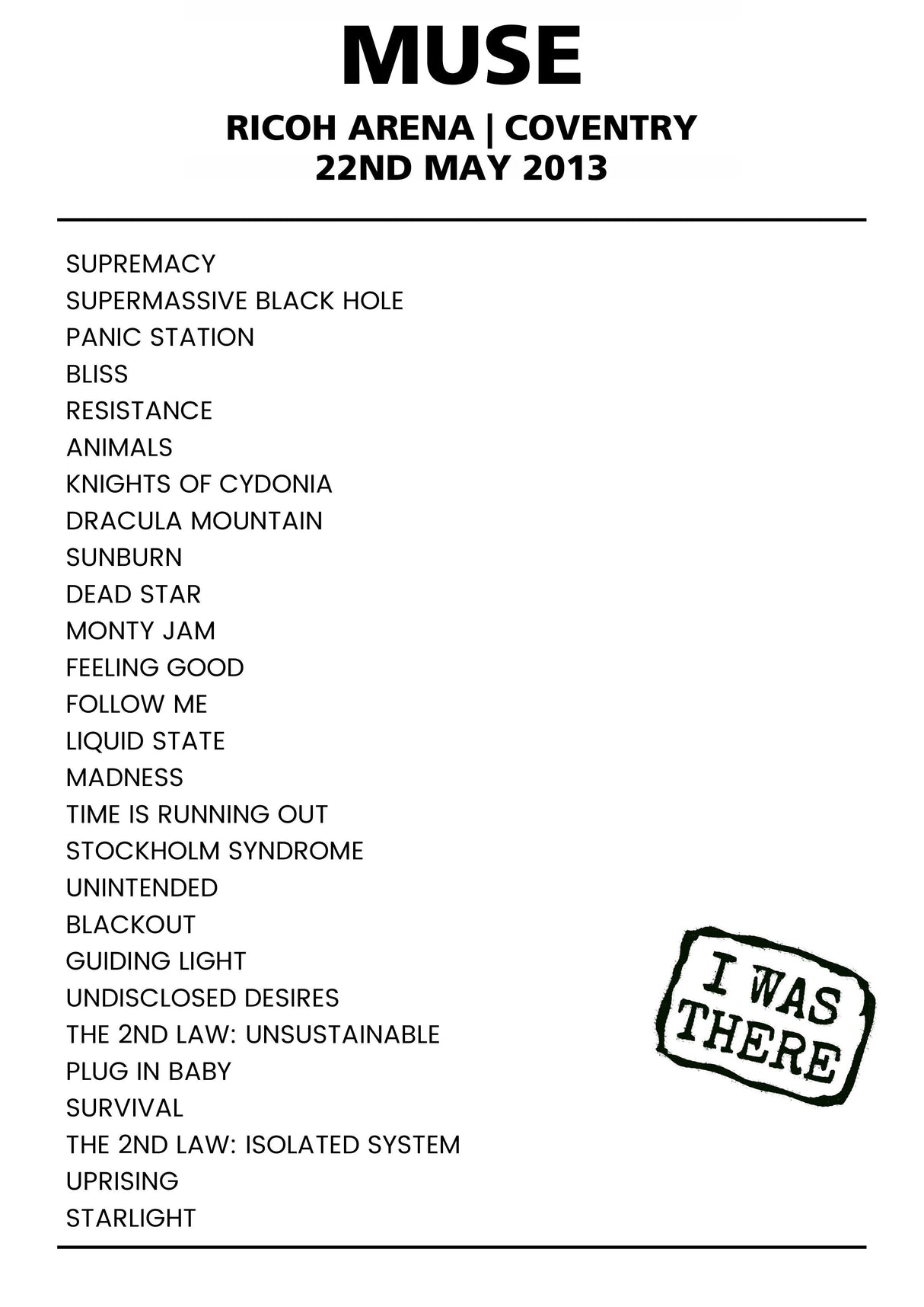 Muse 22nd May 2013 Ricoh Arena Coventry - Alternate - Setlist