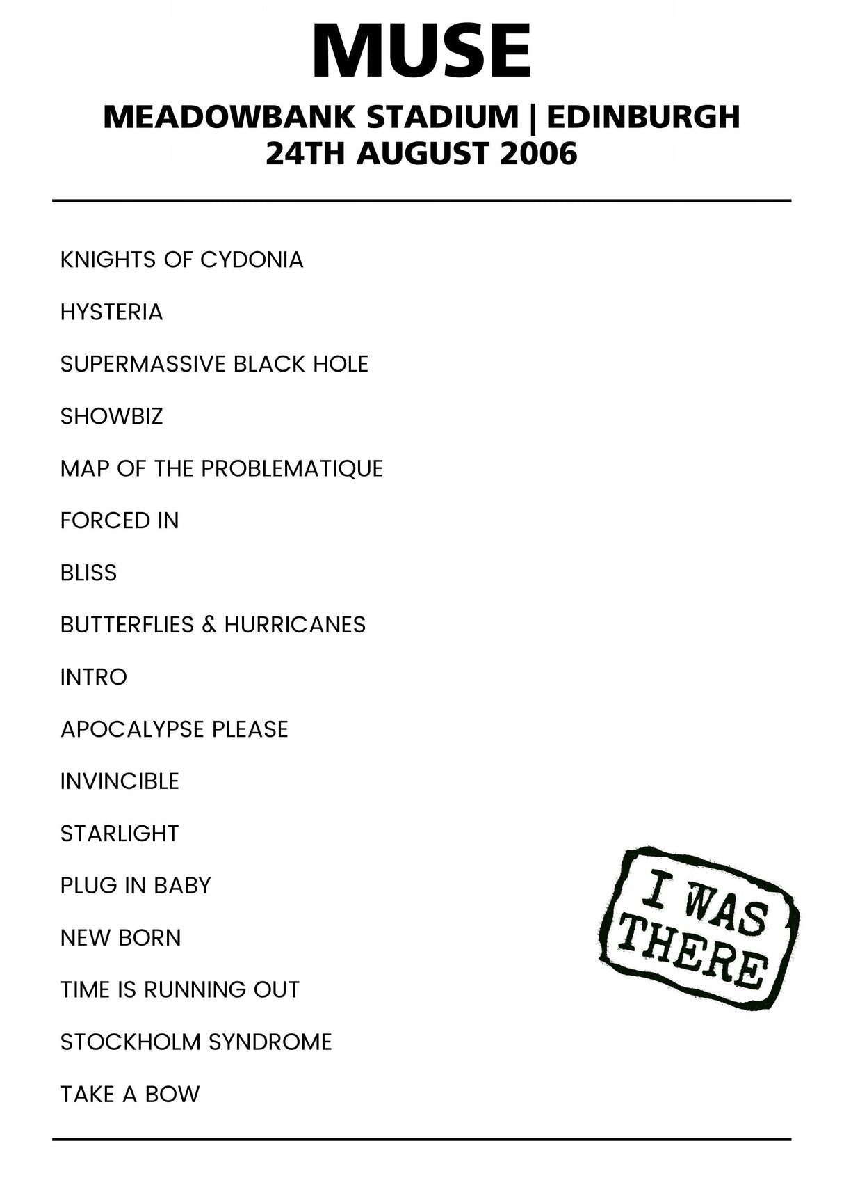 Muse 24th August 2006 Meadowbank Stadium Edinburgh - Alternate - Setlist