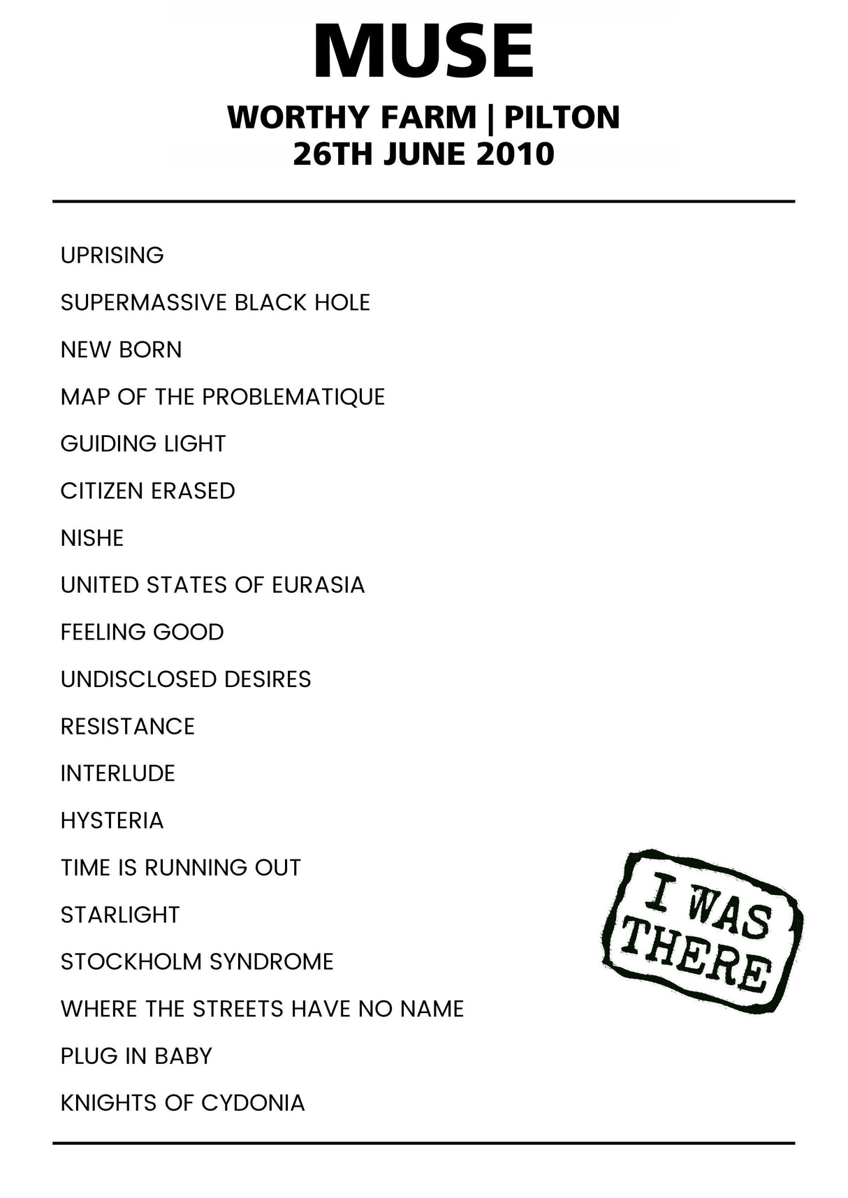 Muse 26th June 2010 Worthy Farm Pilton - Alternate - Setlist