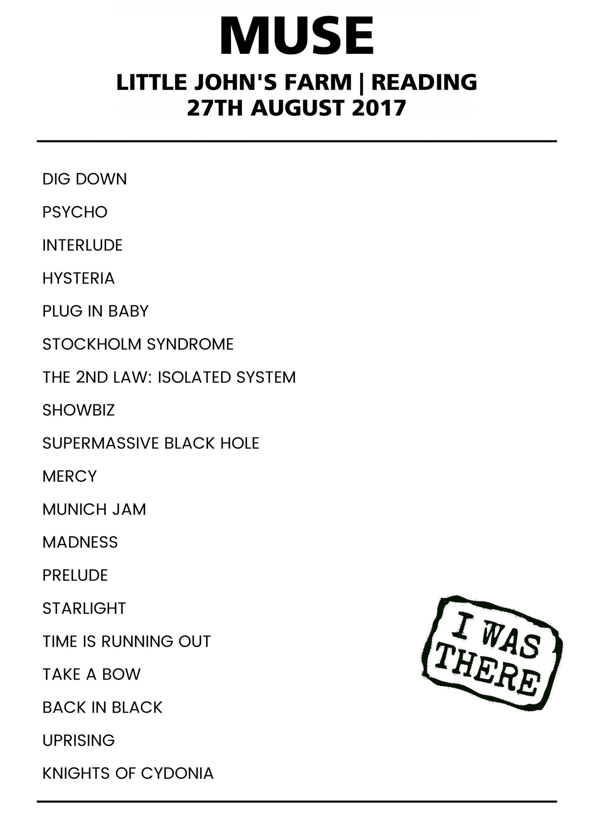 Muse 27th August 2017 Little John's Farm Reading - Alternate - Setlist