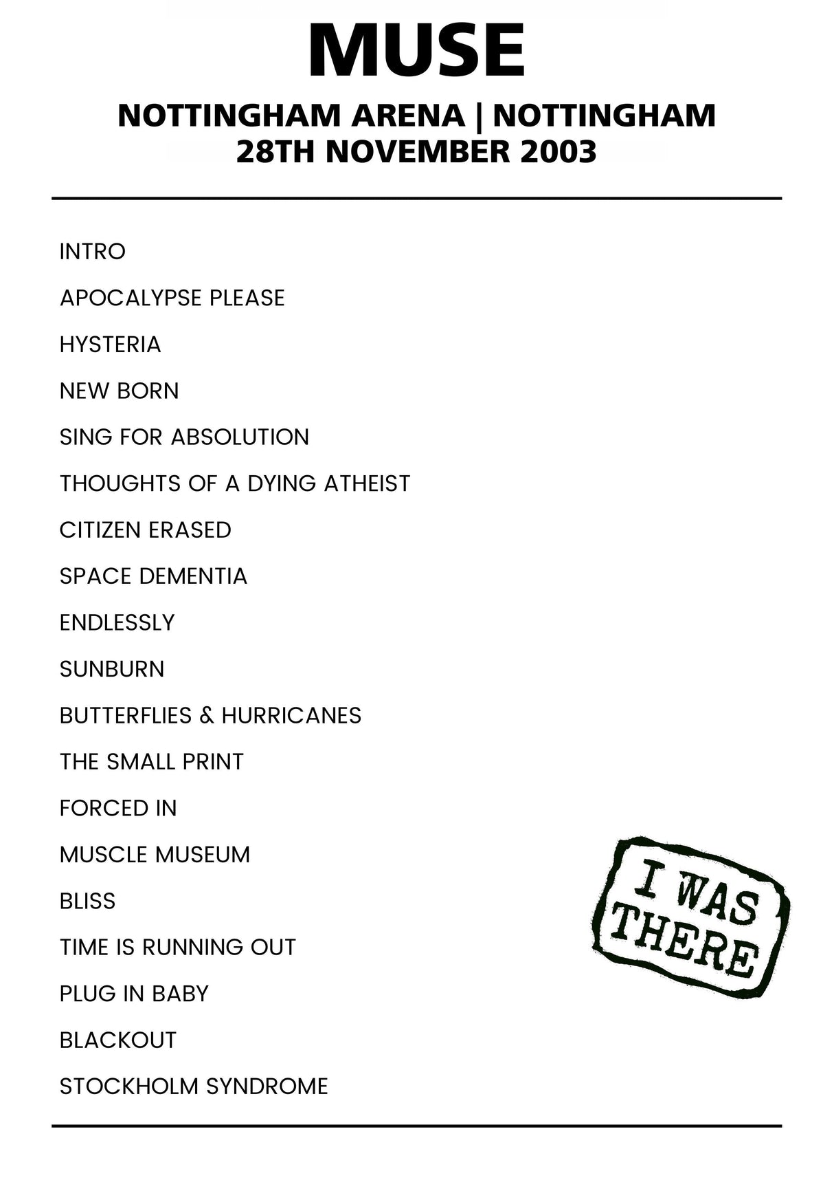 Muse 28th November 2003 Nottingham Arena Nottingham - Alternate - Setlist