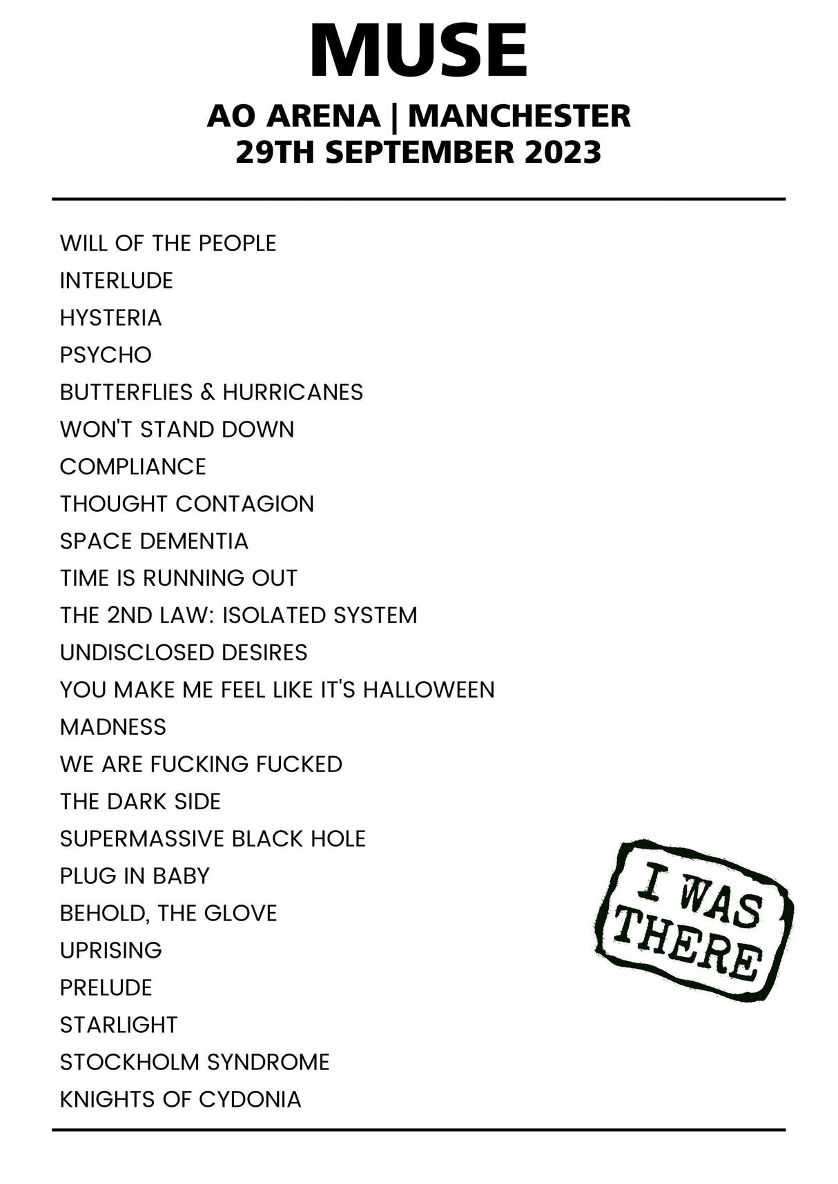 Muse 29th September 2023 AO Arena Manchester - Alternate - Setlist