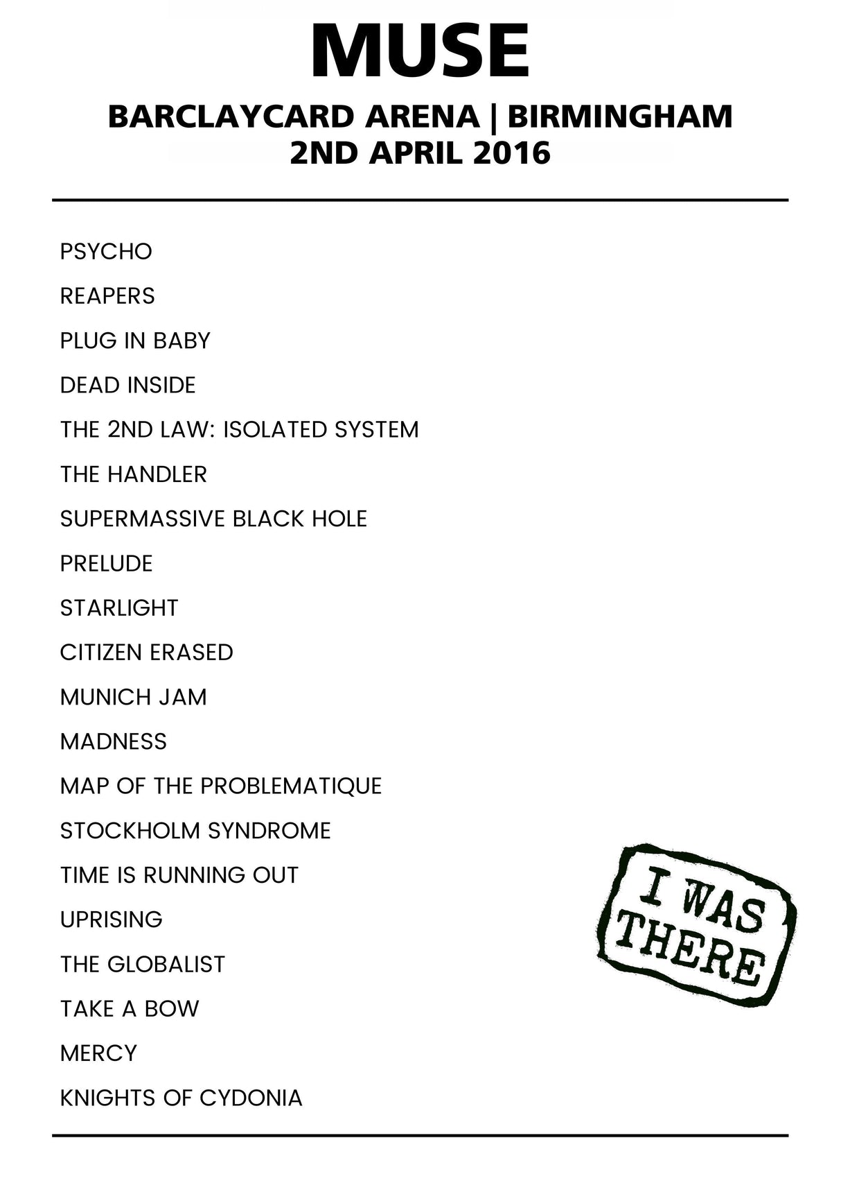 Muse 2nd April 2016 Barclaycard Arena Birmingham - Alternate - Setlist