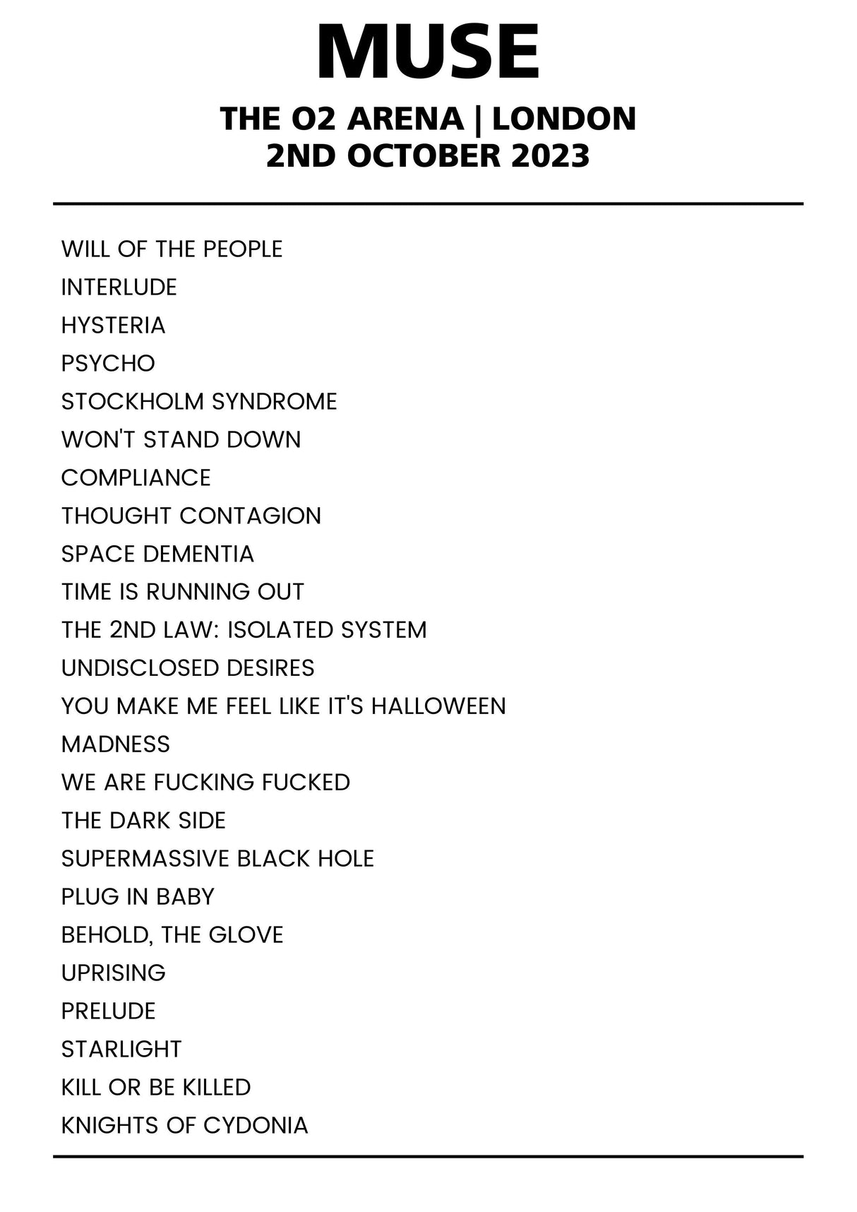 Muse 2nd October 2023 The O2 Arena London - Alternate - Setlist