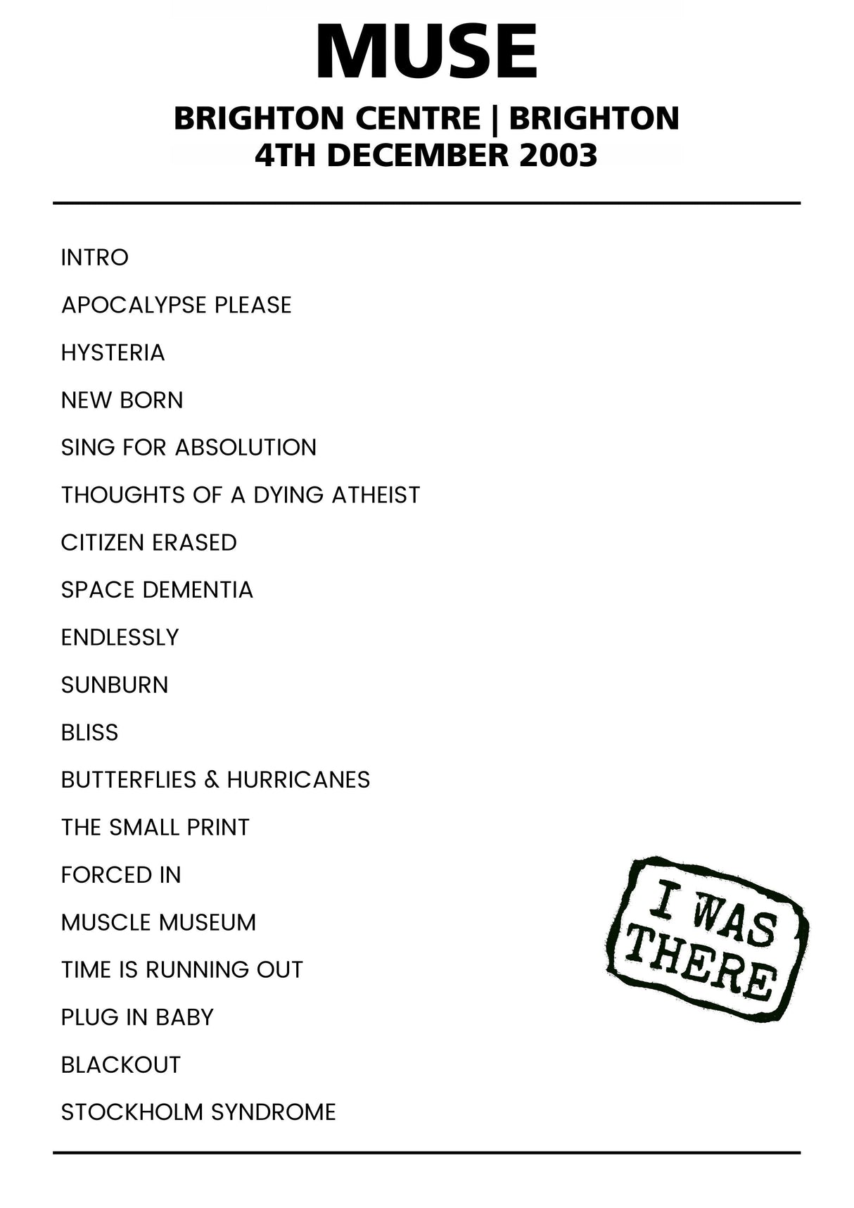 Muse 4th December 2003 Brighton Centre Brighton - Alternate - Setlist