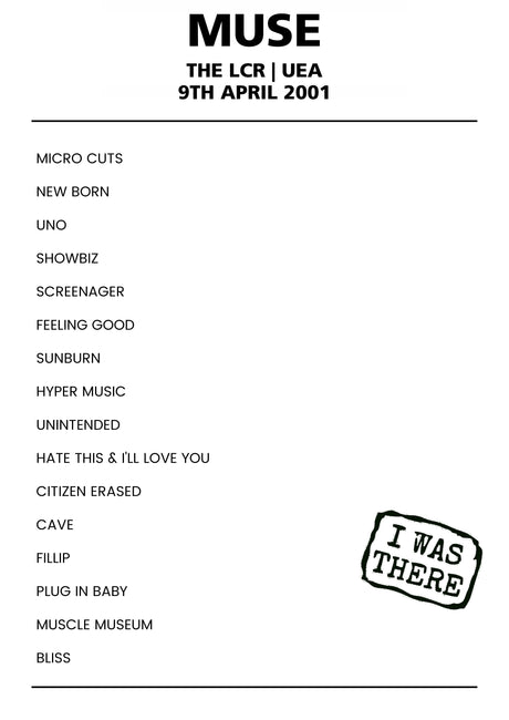 Muse 9th April 2001 The LCR, UEA Norwich - Alternate - Setlist