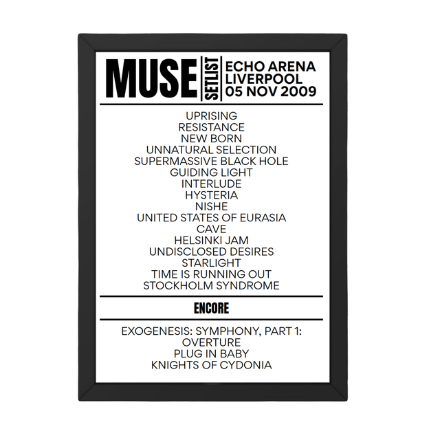 Muse Liverpool November 5, 2009 Replica Setlist - Setlist