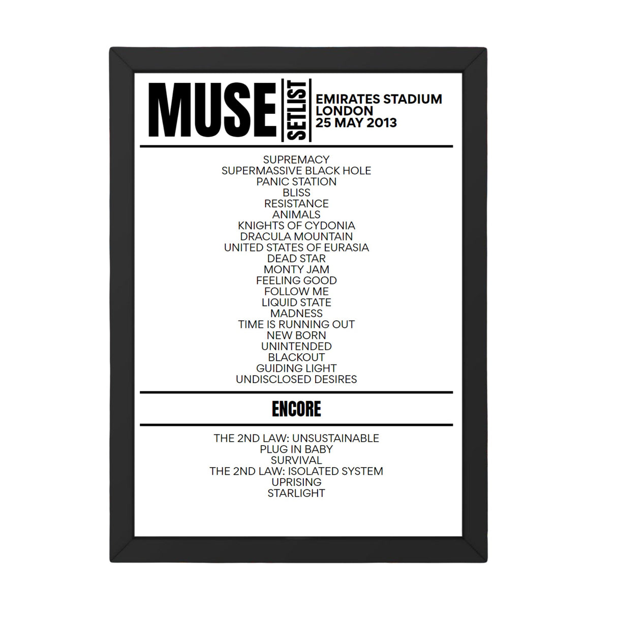 Muse London May 25, 2013 Replica Setlist - Setlist