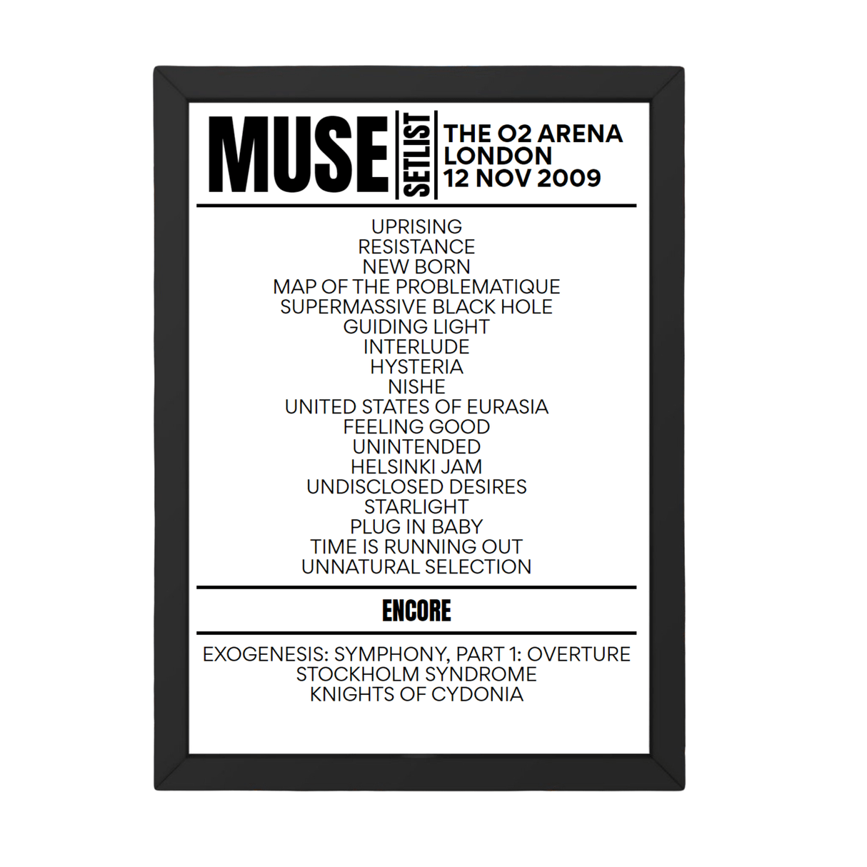 Muse London November 12, 2009 Replica Setlist - Setlist