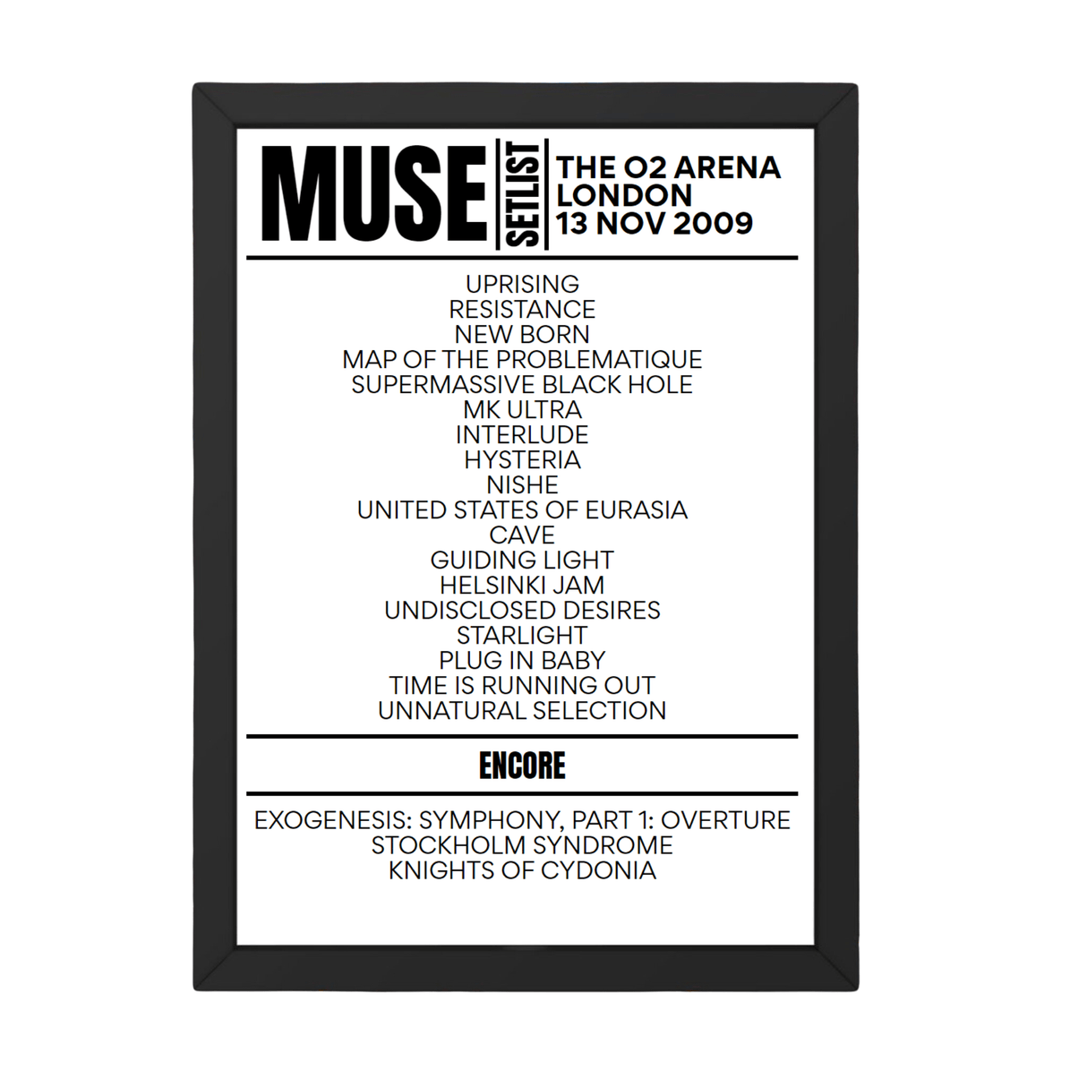 Muse London November 13, 2009 Replica Setlist - Setlist