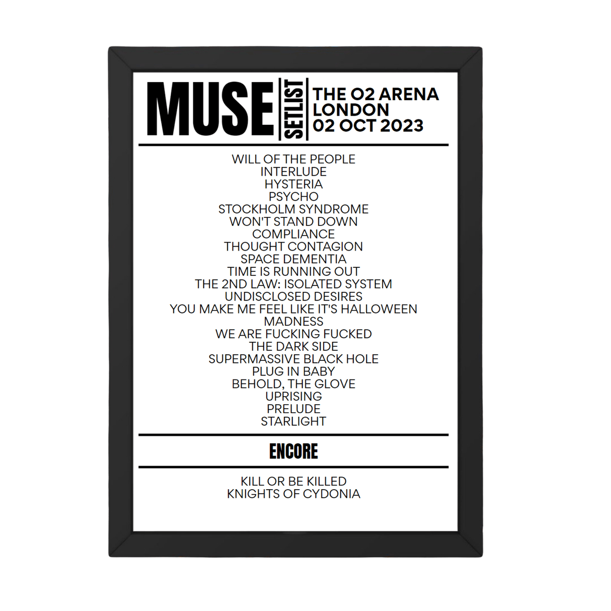 Muse London October 2, 2023 Replica Setlist - Setlist