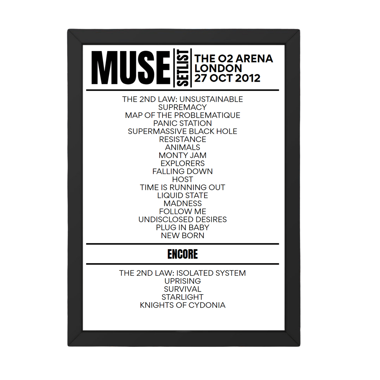 Muse London October 27, 2012 Replica Setlist - Setlist