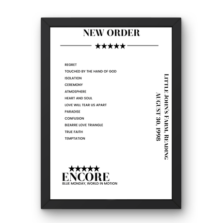 New Order August 30, 1998 Little John's Farm Reading Setlist Poster - Setlist