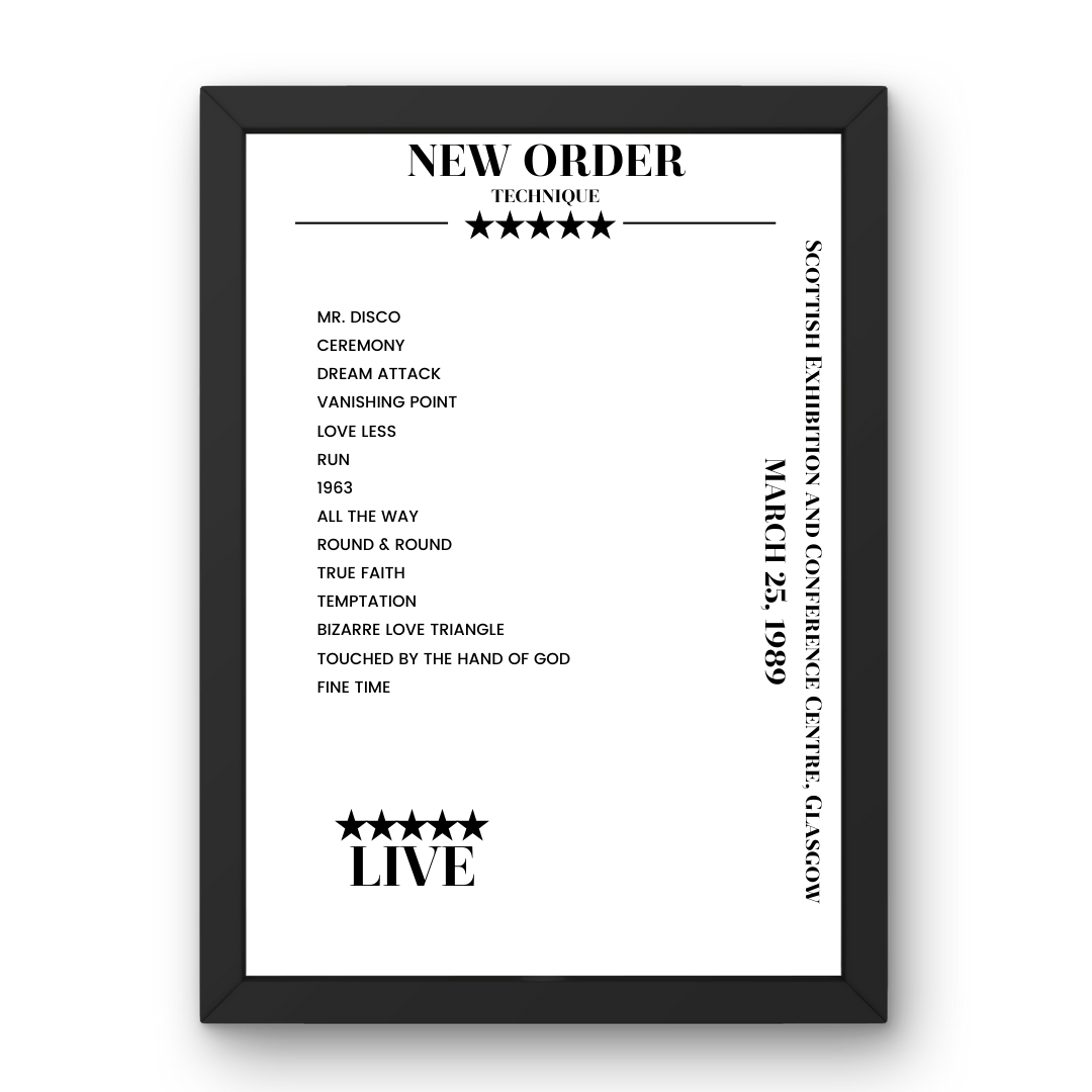 New Order March 25, 1989 Scottish Exhibition and Conference Centre Glasgow Setlist Poster - Setlist