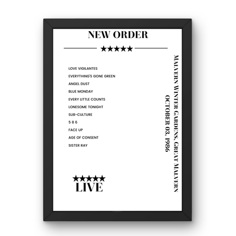 New Order October 03, 1986 Malvern Winter Gardens Great Malvern Setlist Poster - Setlist