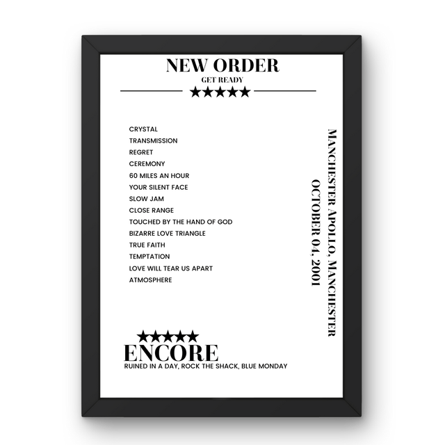 New Order October 04, 2001 Manchester Apollo Manchester Setlist Poster - Setlist