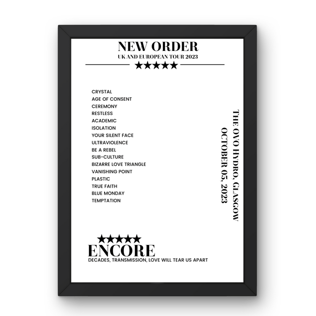 New Order October 05, 2023 The OVO Hydro Glasgow Setlist Poster - Setlist