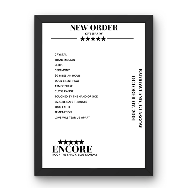 New Order October 07, 2001 Barrowland Glasgow Setlist Poster - Setlist