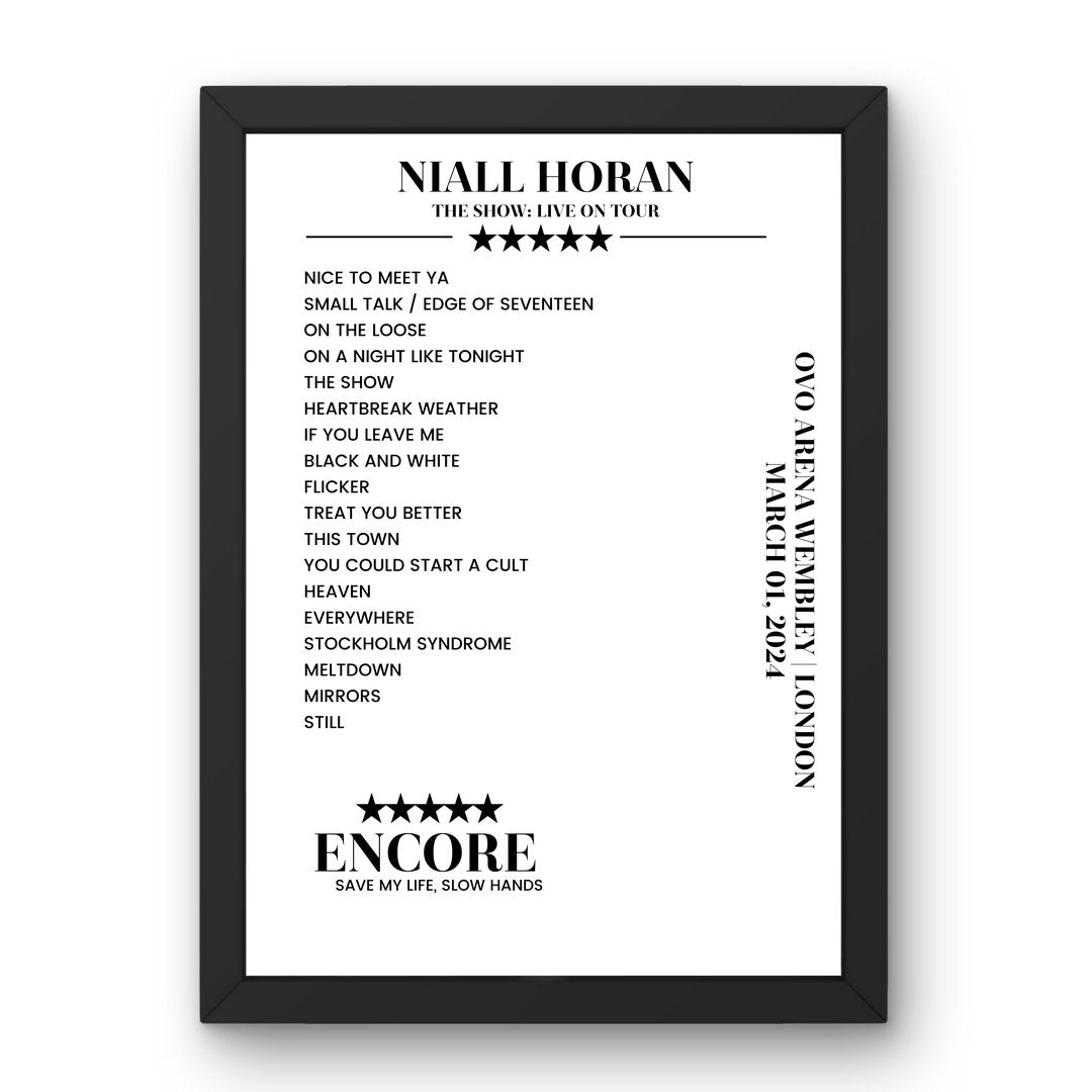 Niall Horan OVO Arena Wembley London 01 March 2024 Setlist Poster - Setlist