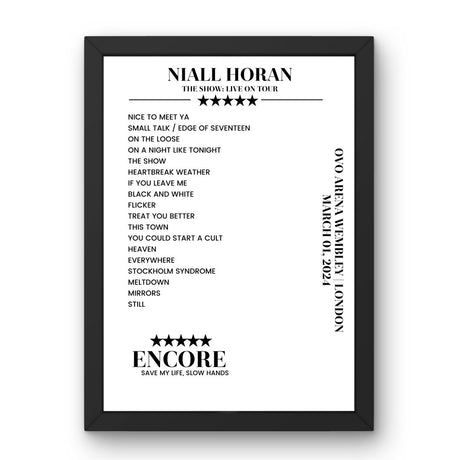 Niall Horan OVO Arena Wembley London 01 March 2024 Setlist Poster - Setlist