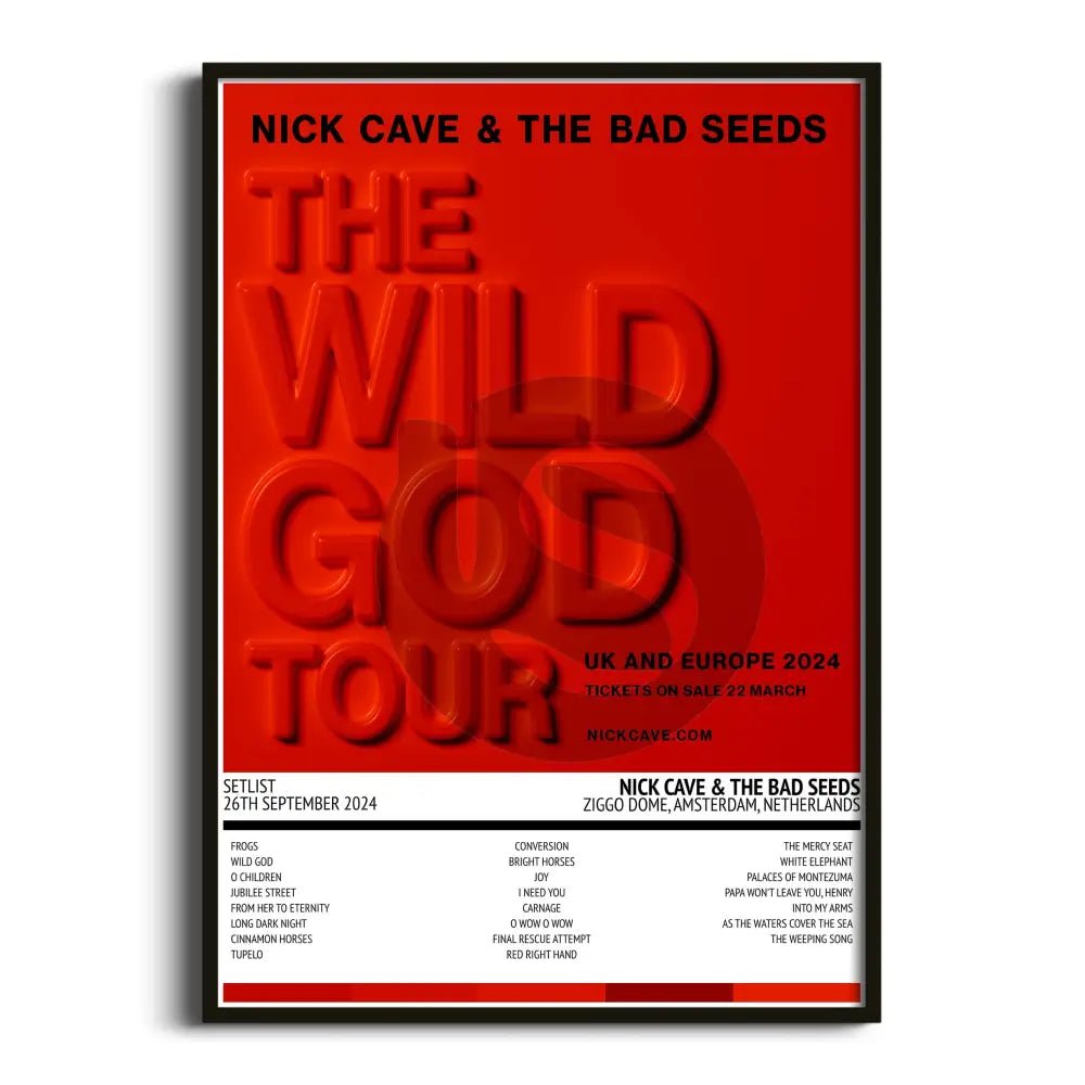 Nick Cave & the Bad Seeds The Wild God Tour - UK & Europe 2024 Amsterdam 26th September 2024 Setlist Tour Poster - Setlist