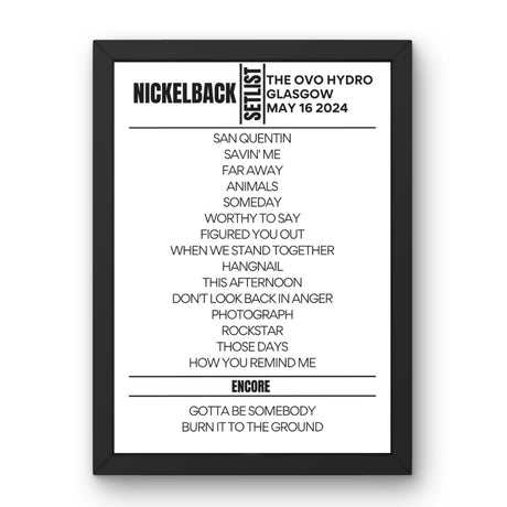 Nickelback Glasgow May 16 2024 Replica Setlist - Setlist