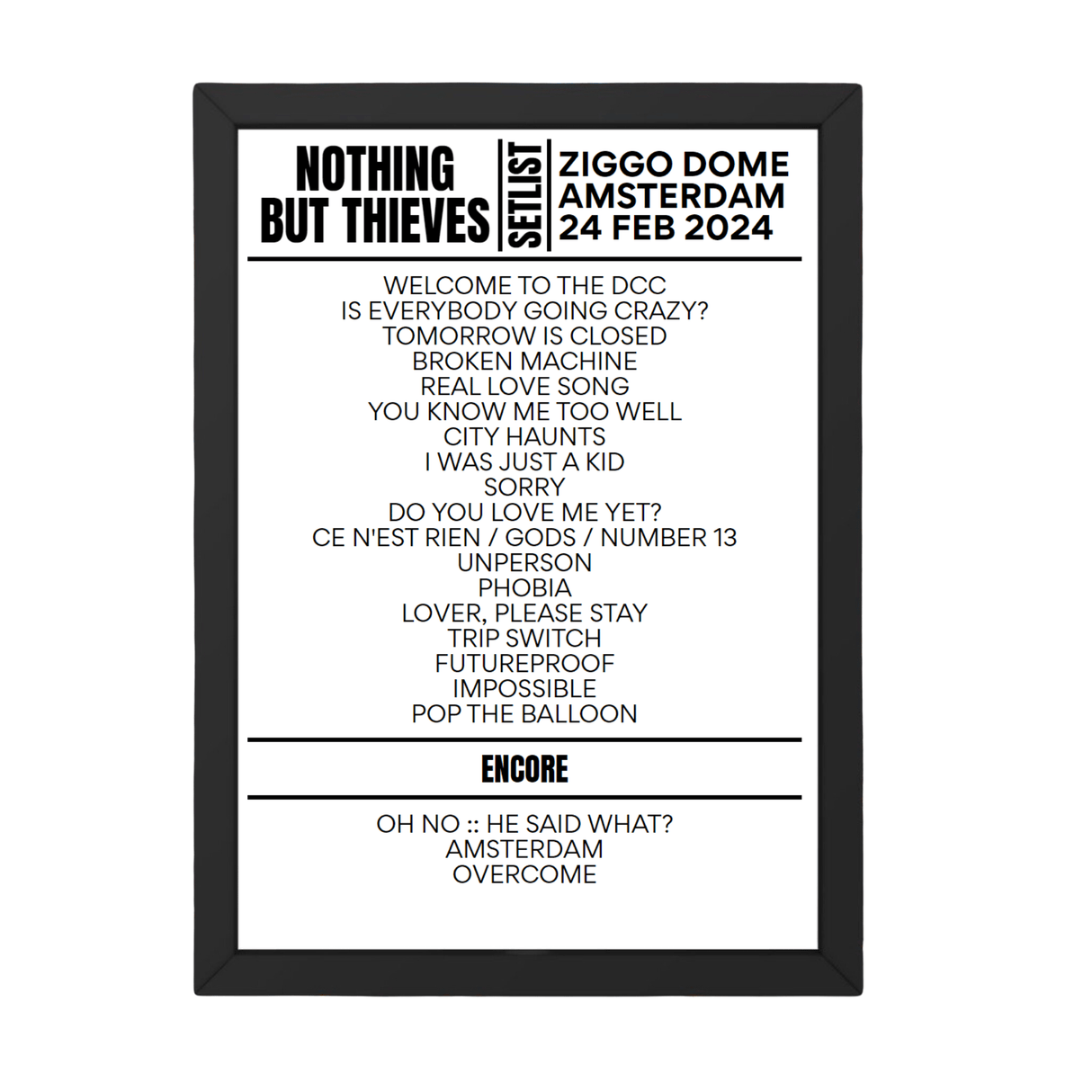 Nothing But Thieves Amsterdam February 24, 2024 Setlist Replica - Setlist