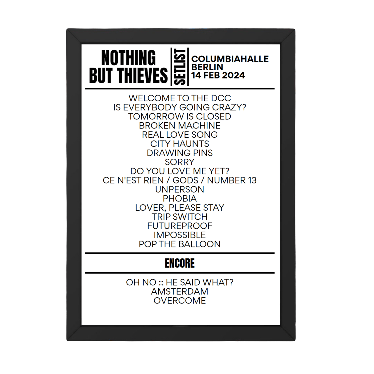 Nothing But Thieves Berlin February 14, 2024 Setlist Replica - Setlist