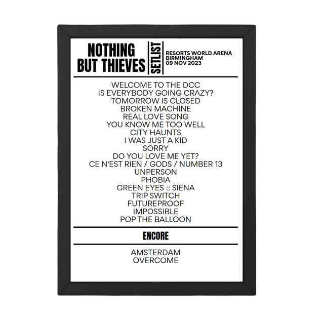 Nothing But Thieves Birmingham November 09, 2023 Setlist Replica - Setlist