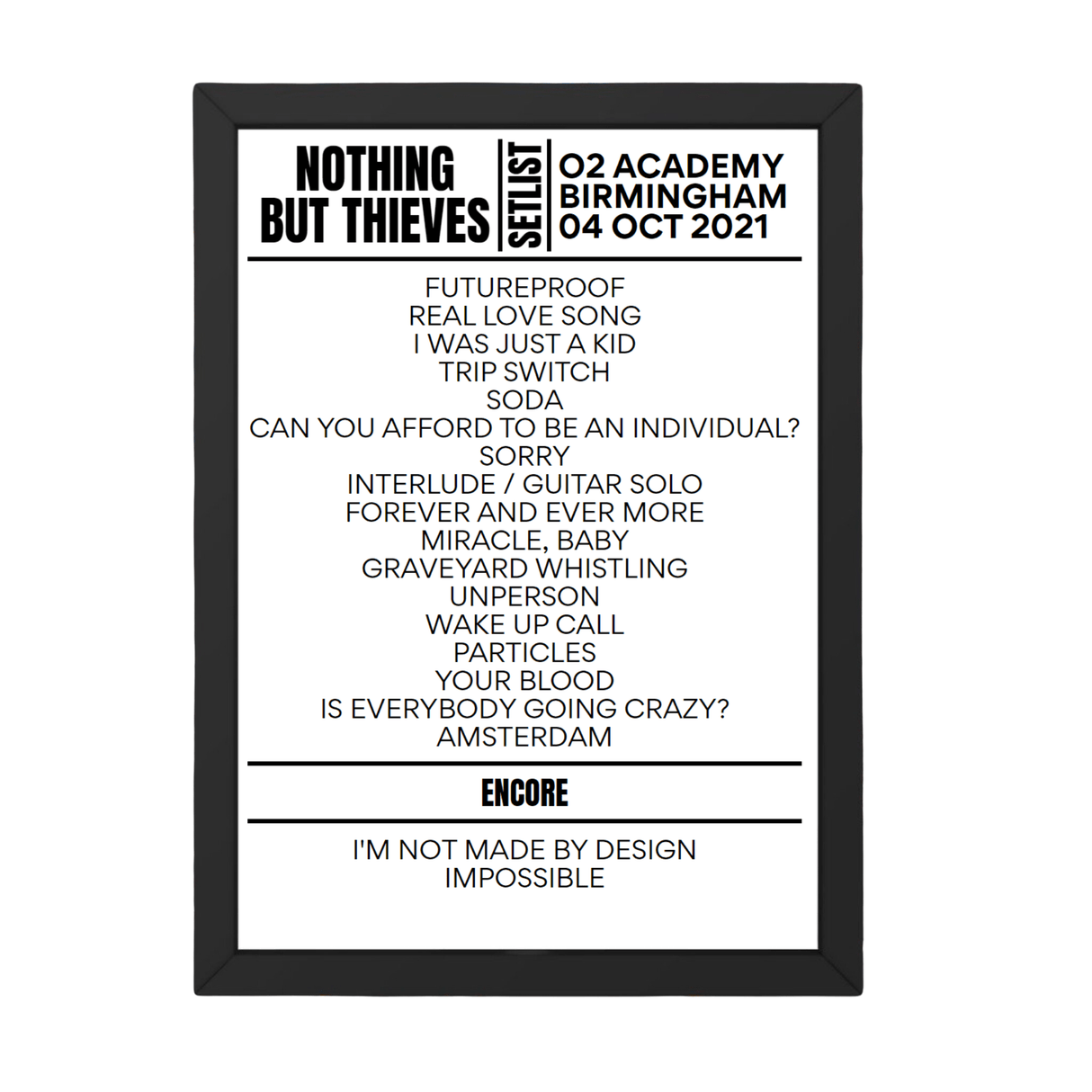 Nothing But Thieves Birmingham October 04, 2021 Setlist Replica - Setlist