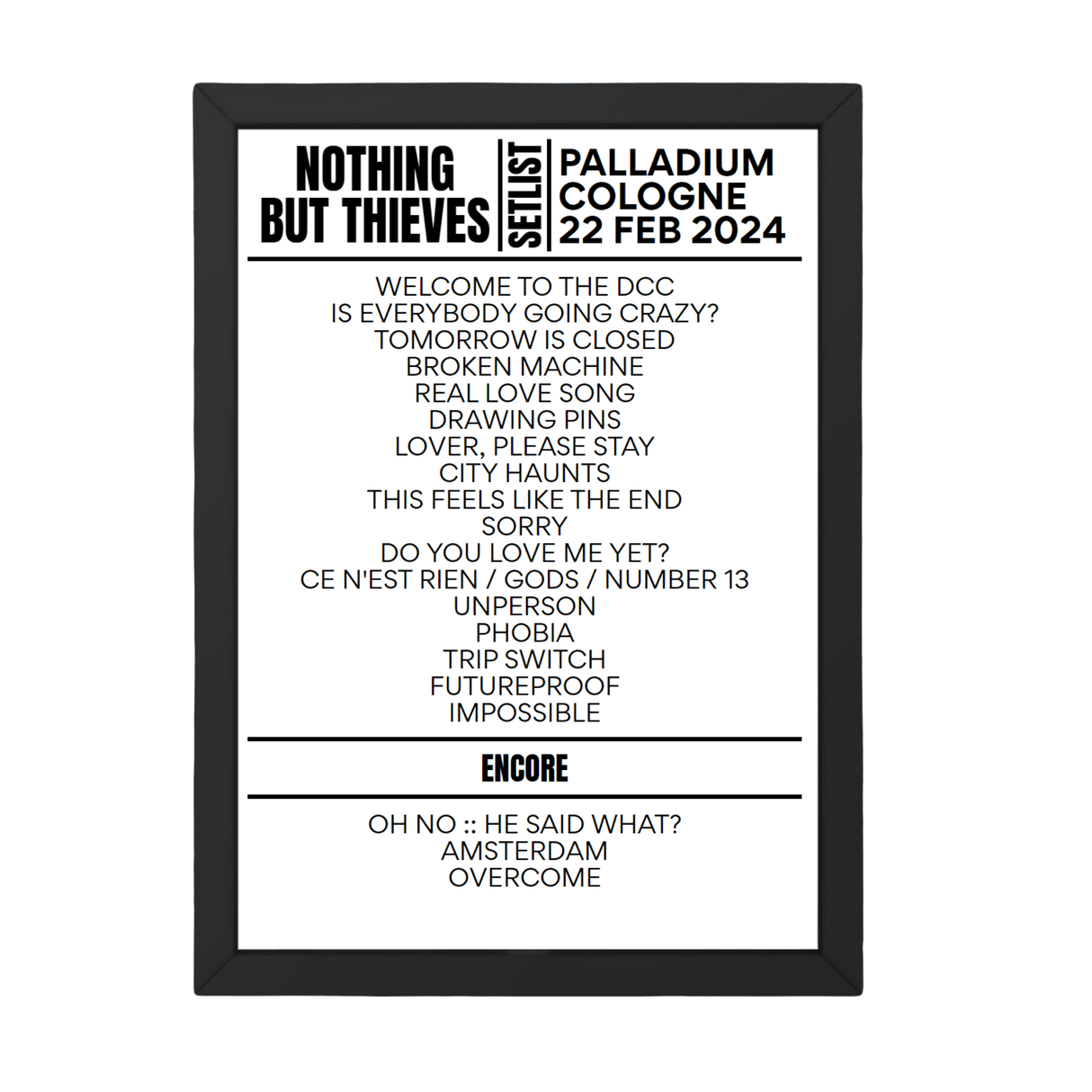 Nothing But Thieves Cologne February 22, 2024 Setlist Replica - Setlist