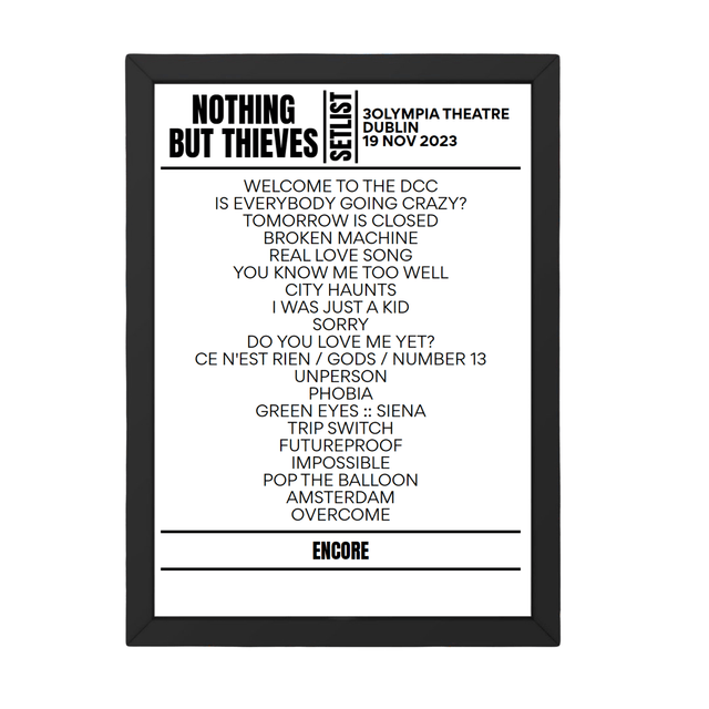 Nothing But Thieves Dublin November 19, 2023 Setlist Replica - Setlist