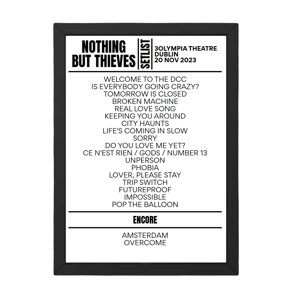 Nothing But Thieves Dublin November 20, 2023 Setlist Replica - Setlist