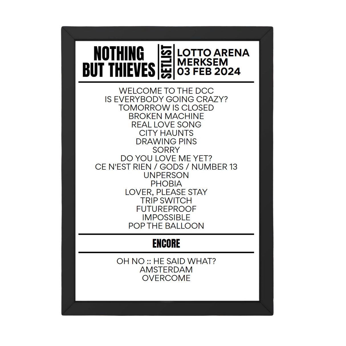 Nothing But Thieves Merksem February 03, 2024 Setlist Replica - Setlist