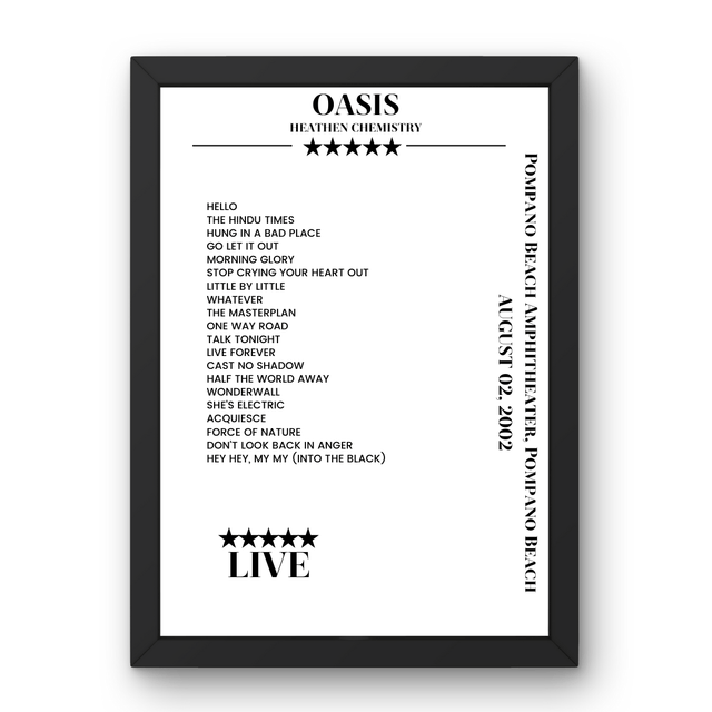 Oasis August 02, 2002 Pompano Beach Amphitheater Pompano Beach Setlist Poster - Setlist