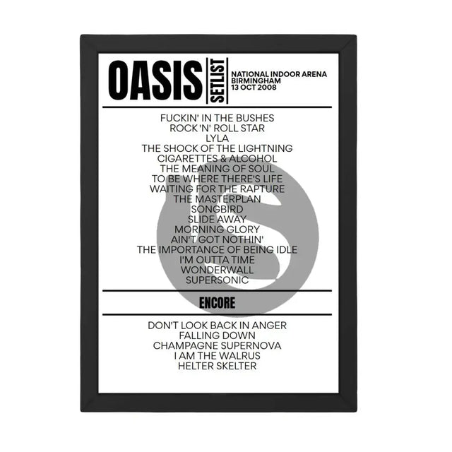 Oasis Birmingham October 2008 Replica Setlist - Setlist