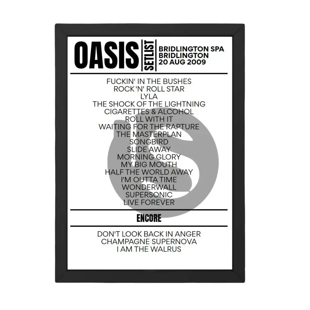 Oasis Bridlington August 2009 Replica Setlist - Setlist