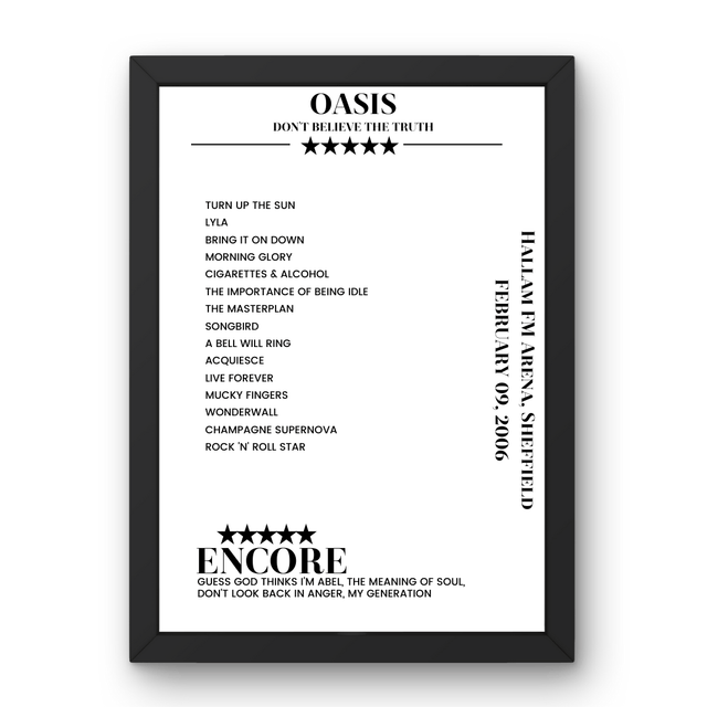 Oasis Hallam FM Arena Sheffield 9 February 2006 Setlist Poster - Setlist