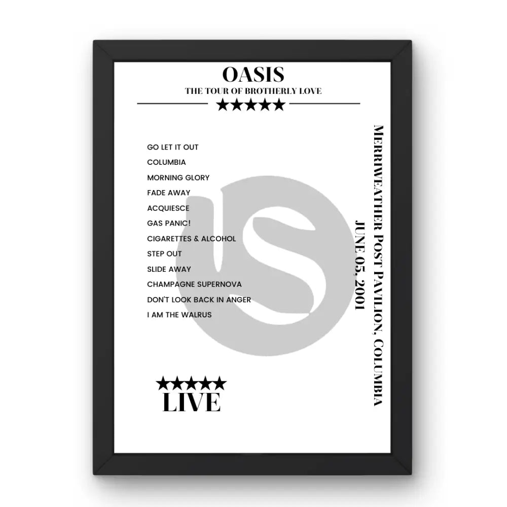 Oasis June 05, 2001 Merriweather Post Pavilion Columbia Setlist Poster - Setlist