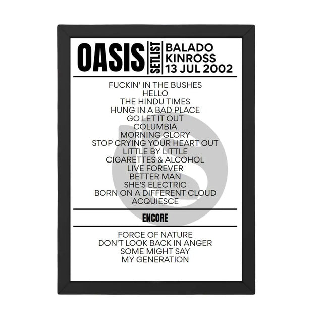 Oasis Kinross July 2002 Replica Setlist - Setlist