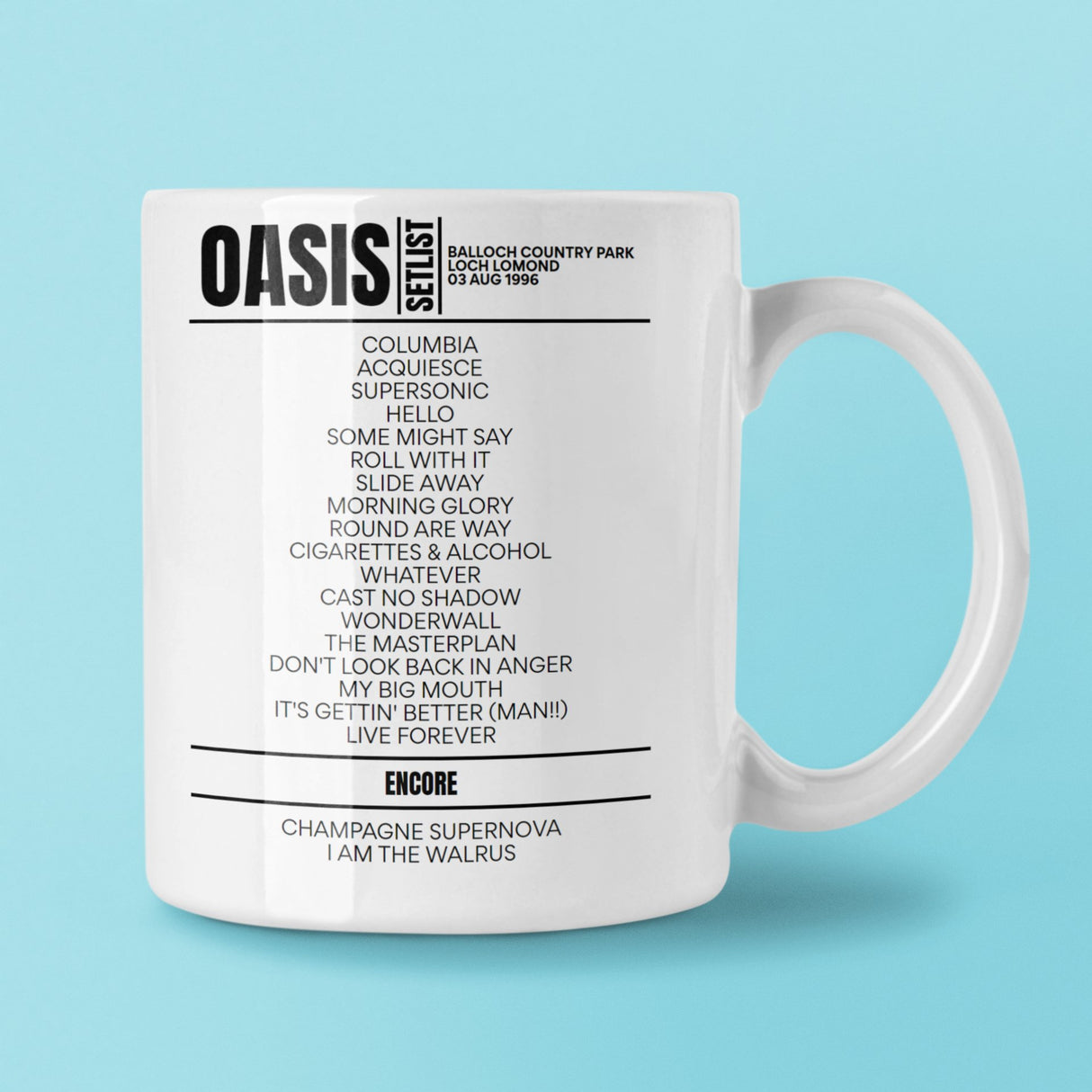 Oasis Loch Lomond August 03, 1996 Setlist Mug - Setlist