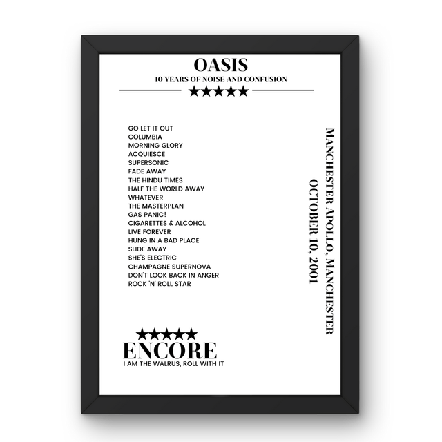 Oasis Manchester Apollo Manchester 10 October 2001 Setlist Poster - Setlist