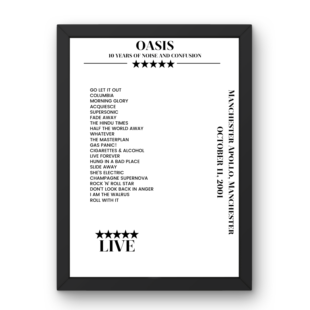 Oasis Manchester Apollo Manchester 11 October 2001 Setlist Poster - Setlist