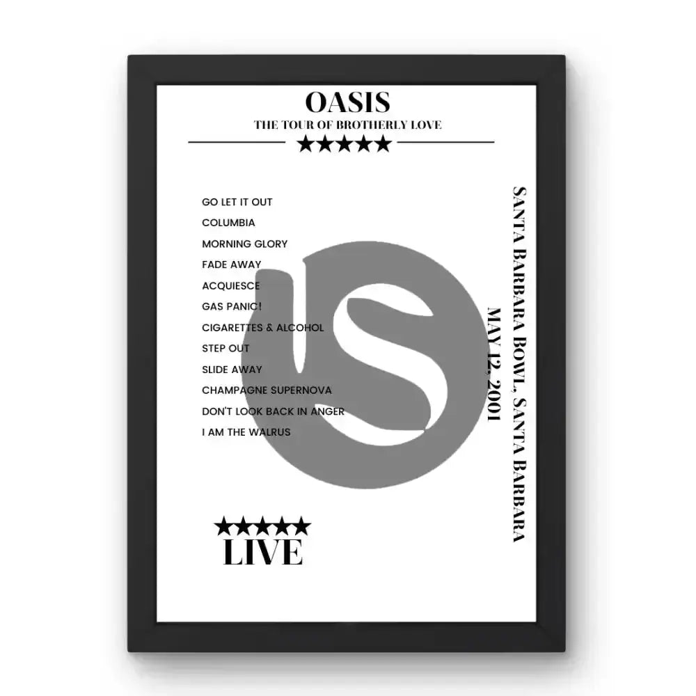 Oasis May 12, 2001 Santa Barbara Bowl Santa Barbara Setlist Poster - Setlist