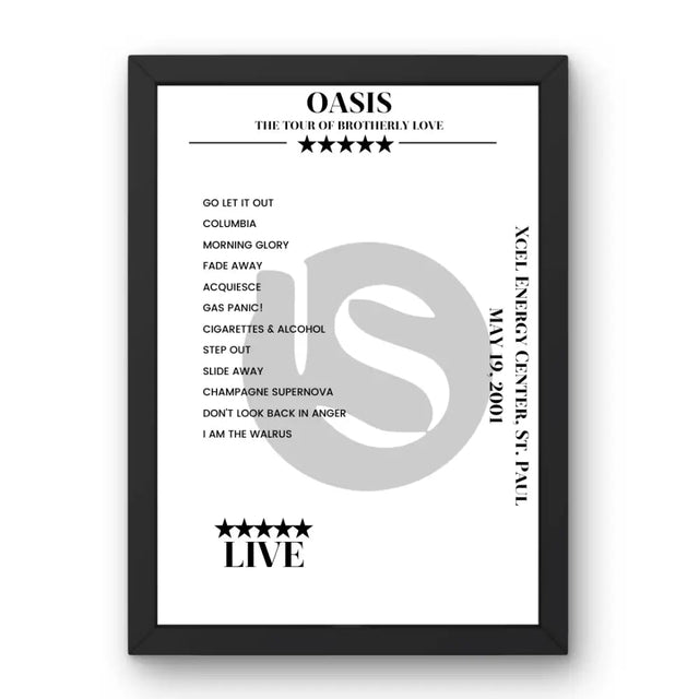 Oasis May 19, 2001 Xcel Energy Center St. Paul Setlist Poster - Setlist