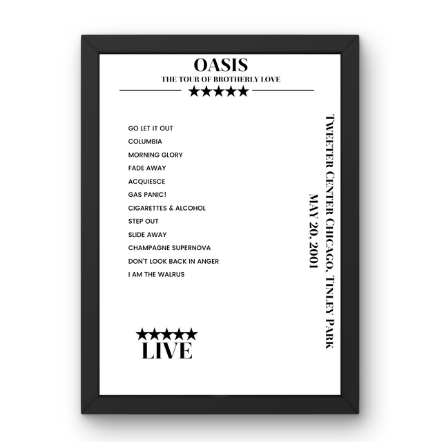 Oasis May 20, 2001 Tweeter Center Chicago Tinley Park Setlist Poster - Setlist