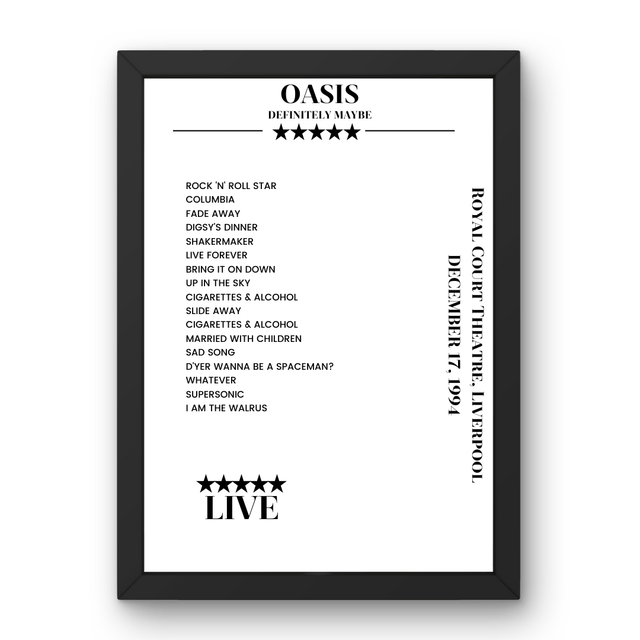 Oasis Royal Court Theatre Liverpool 17 December 1994 Setlist Poster - Setlist